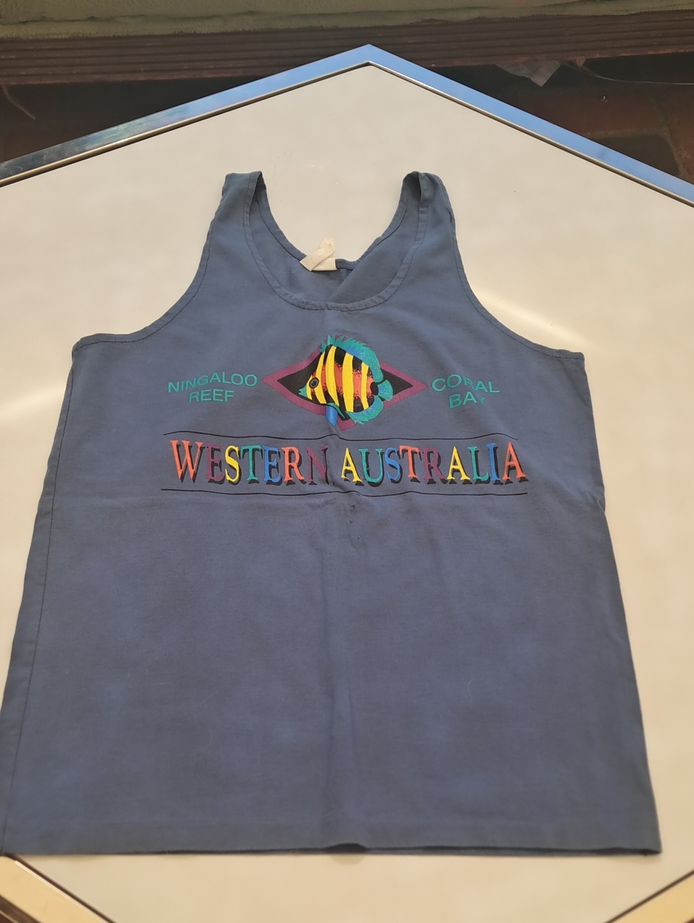 Vintage Blue Men's Swim Rash Guard with Multicolor Fish Graphic